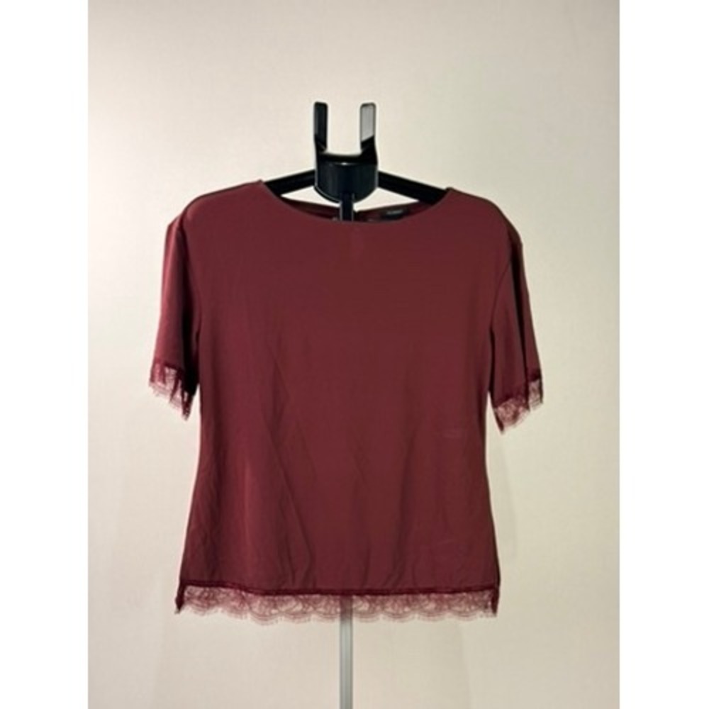 Halogen Burgundy Lace Trim Short Sleeve Blouse Top Small RN58665